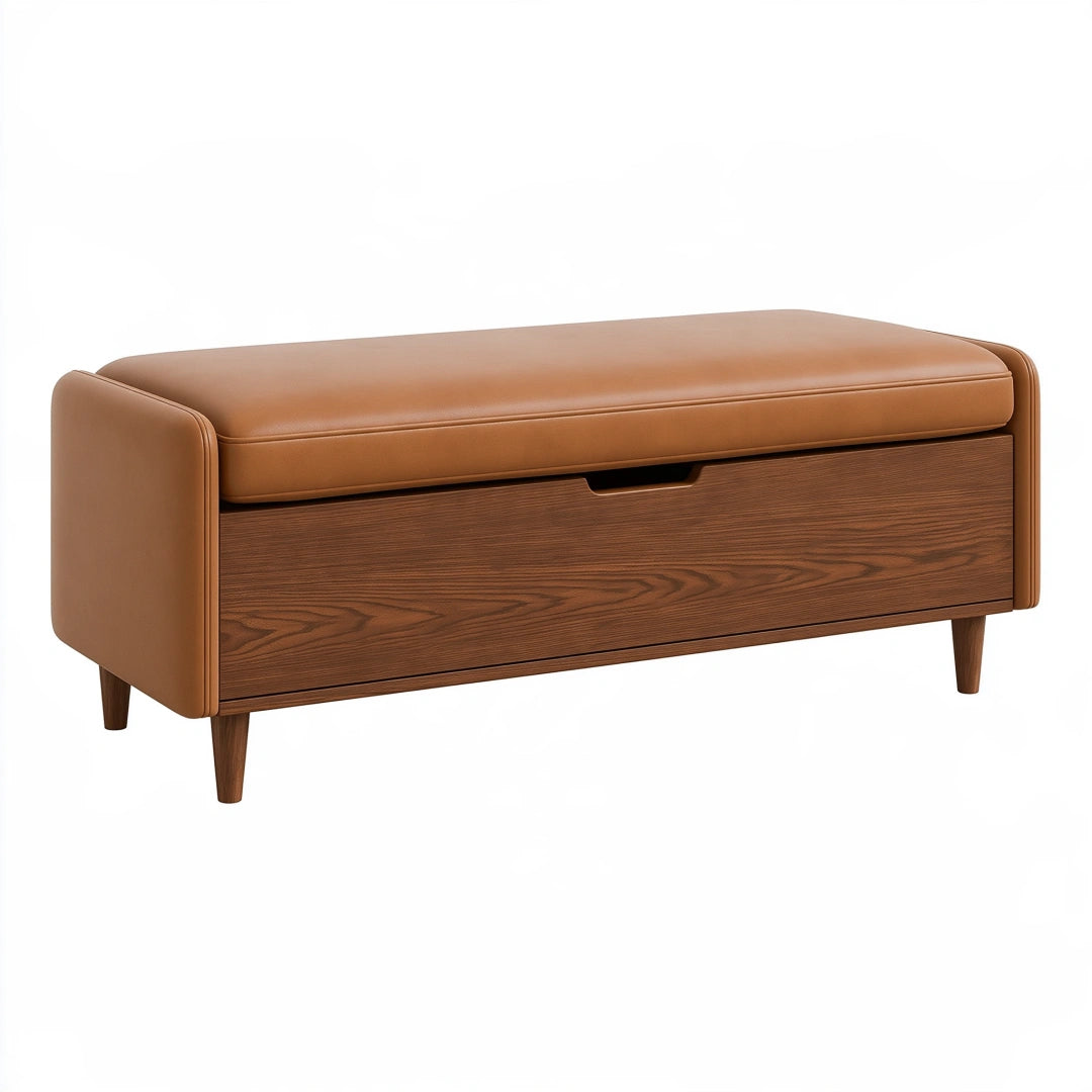Banc de rangement 110 cm en similicuir marron avec tiroir style moderne