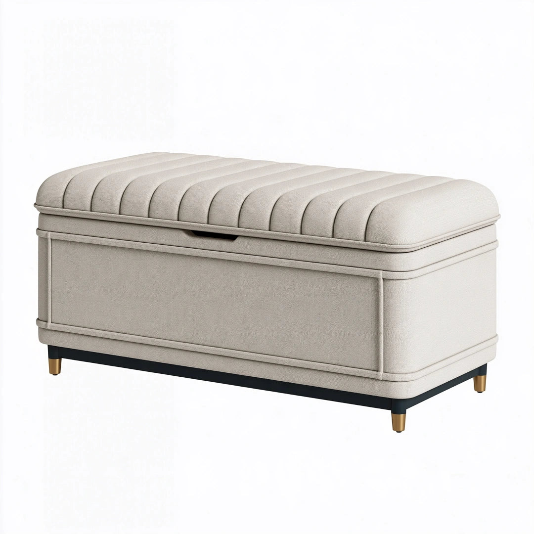 Coffre de rangement 120 x 45 x 50 cm textile beige capitonné style contemporain