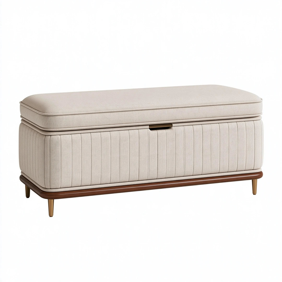 Banc coffre 120 x 45 x 48 cm en tissu beige avec rangement capitonné