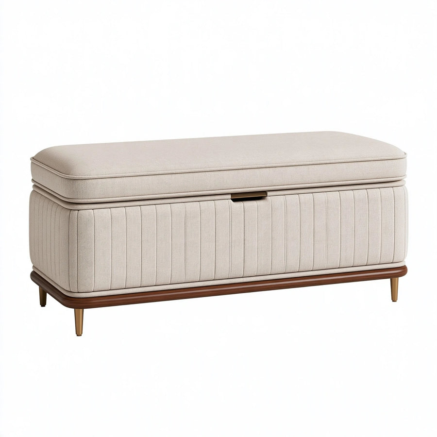 Banc coffre 120 x 45 x 48 cm en tissu beige avec rangement capitonné