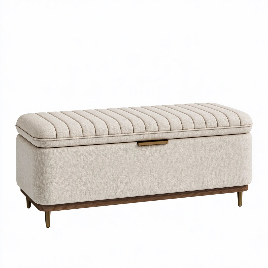 Banc coffre 120 cm en tissu beige style contemporain avec rangement