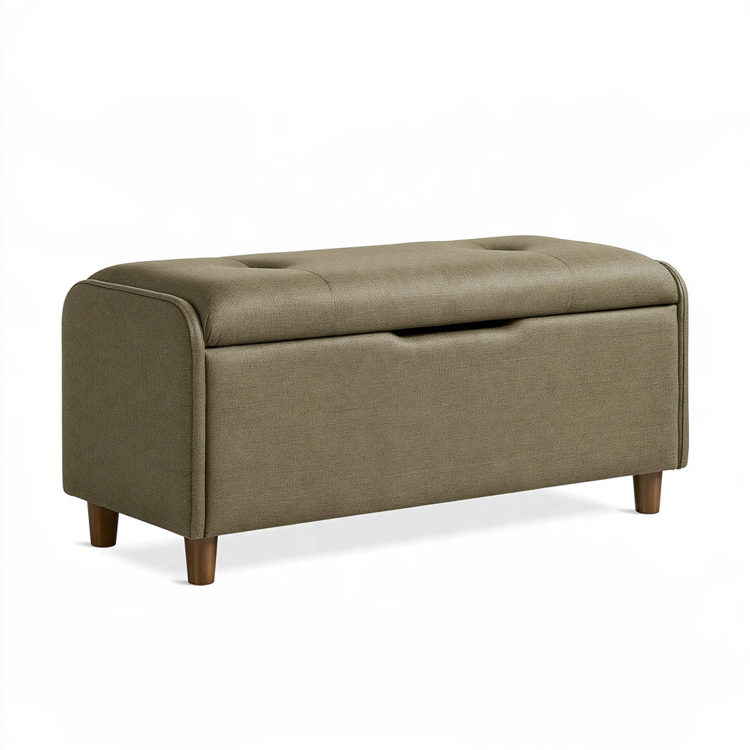 Banc de rangement 100 x 45 x 48 cm en tissu taupe avec assise capitonnée