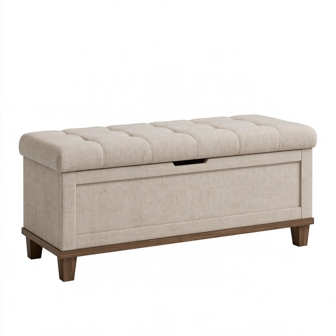 Banc de rangement 120 x 45 x 50 cm en tissu beige avec pieds en bois - assise capitonnée