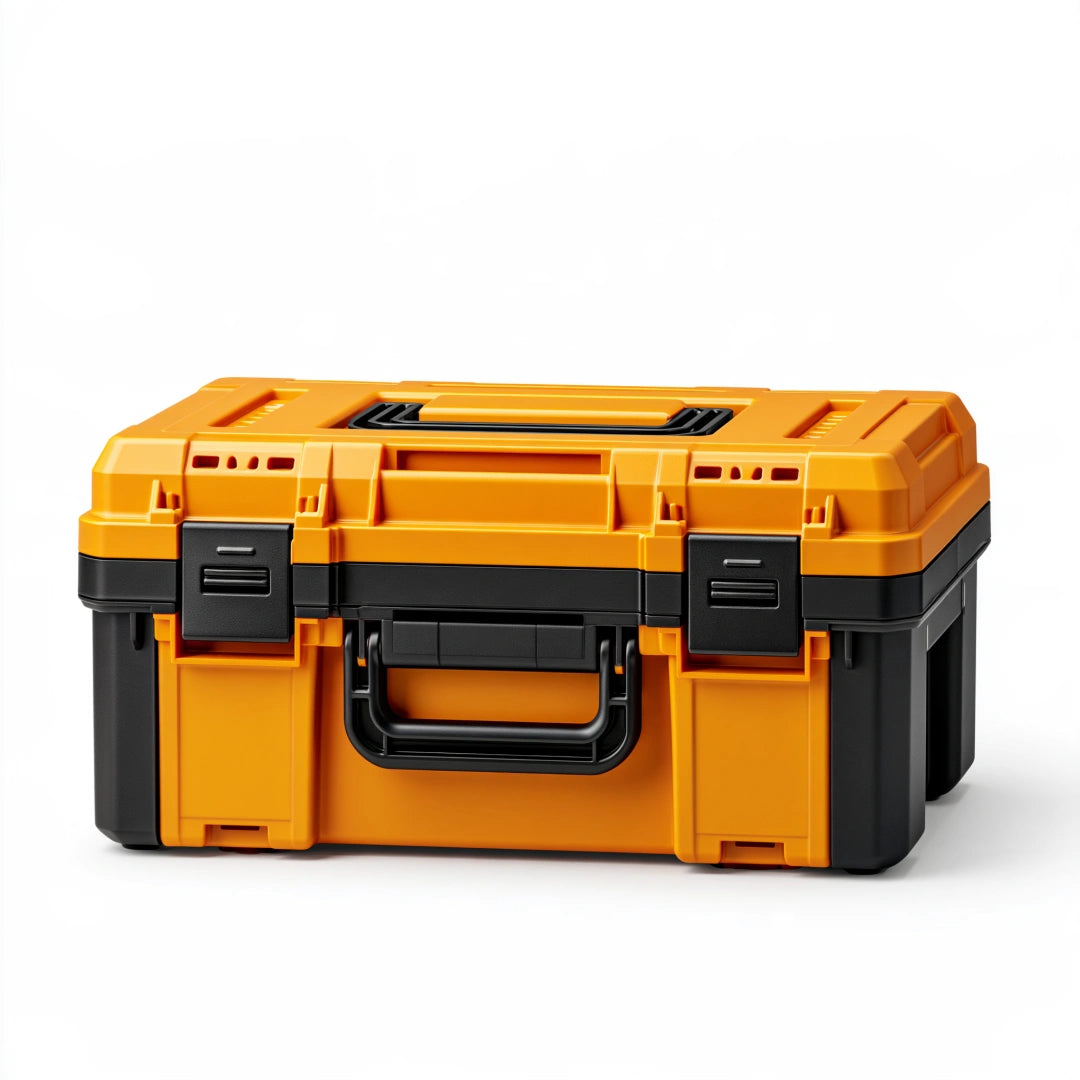 Boîte à outils 48 x 28 x 24 cm en plastique orange et noir avec poignées et fermoirs