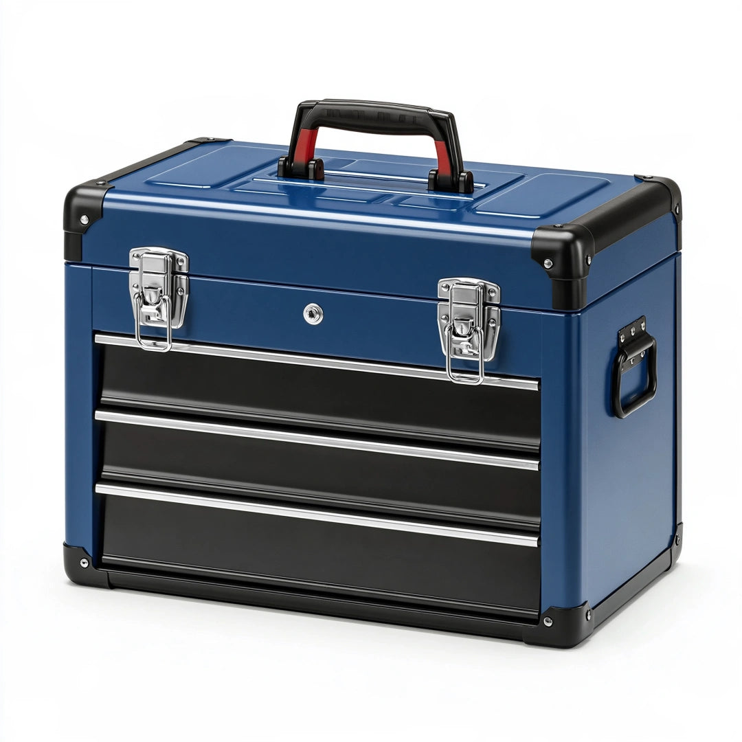Caisse à outils 50 x 25 x 35 cm en métal bleu avec 3 tiroirs portable