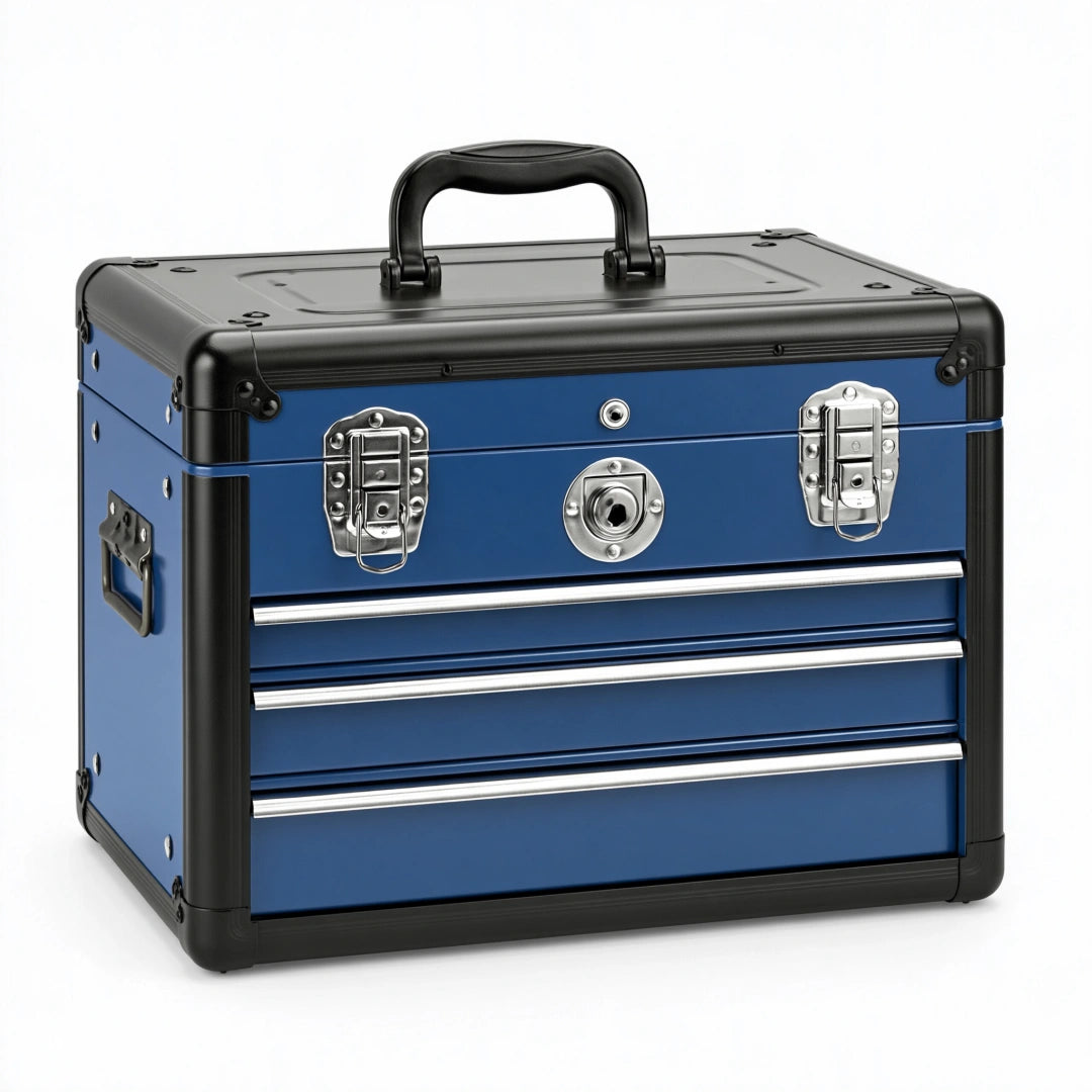 Caisse à outils 45 x 25 x 35 cm en métal bleu et noir avec tiroirs