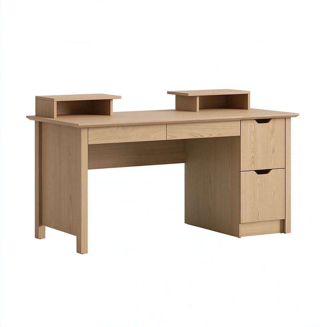 Bureau informatique 140 x 60 cm en panneaux de bois chêne clair avec tiroirs et niches