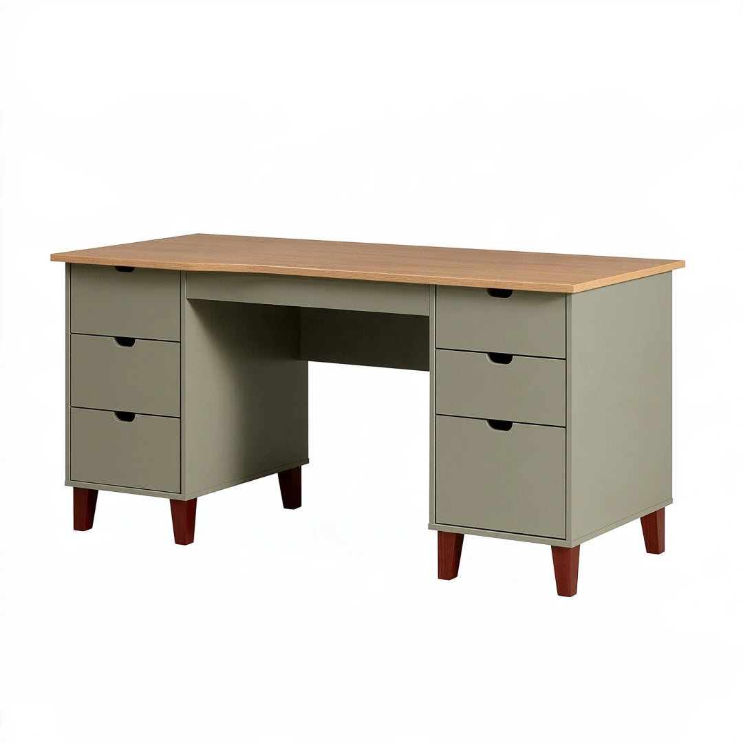 Bureau à tiroirs 140 x 60 x 75 cm en panneaux de bois vert kaki style vintage
