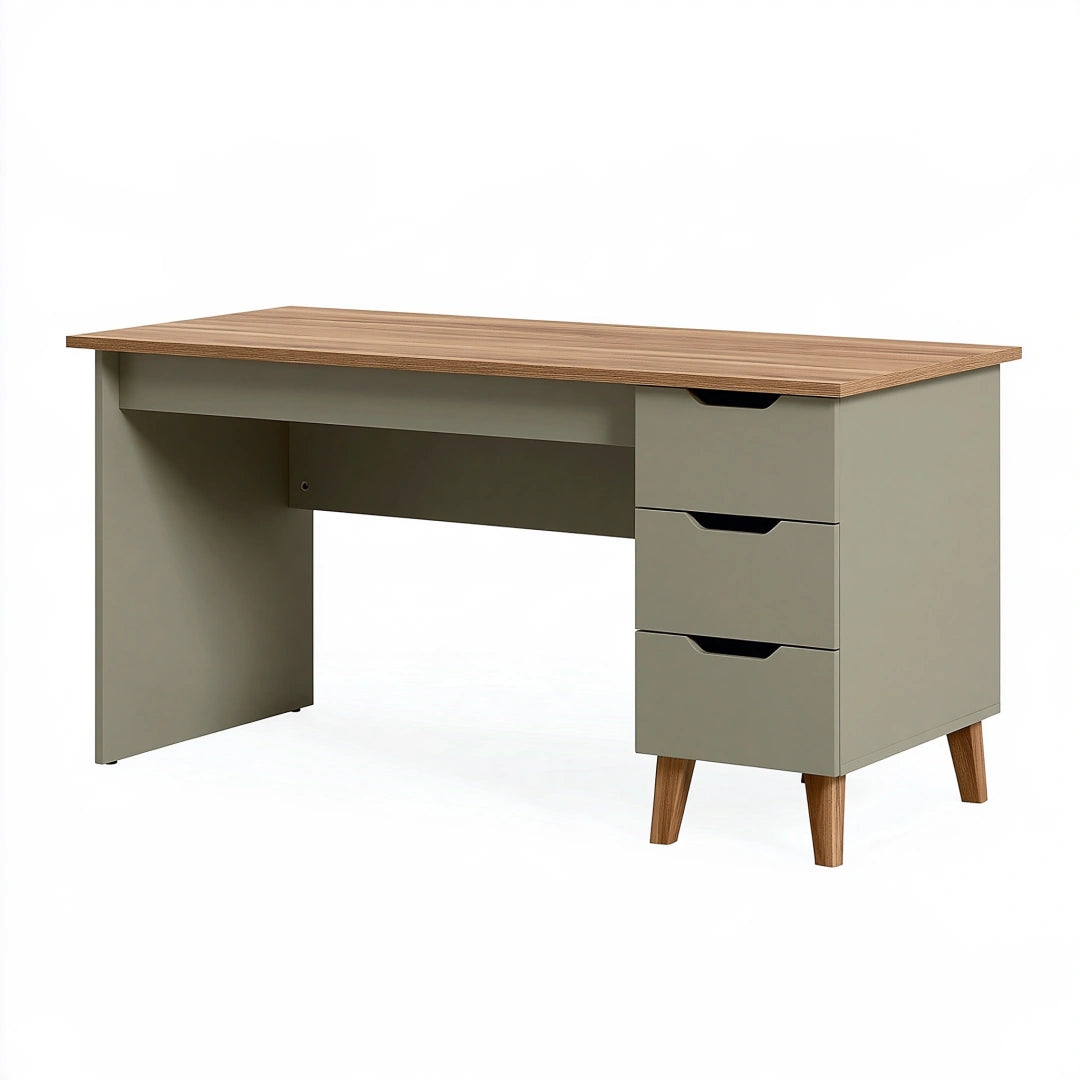 Bureau 120 x 60 x 75 cm en panneaux de bois vert kaki et décor chêne avec 3 tiroirs style scandinave