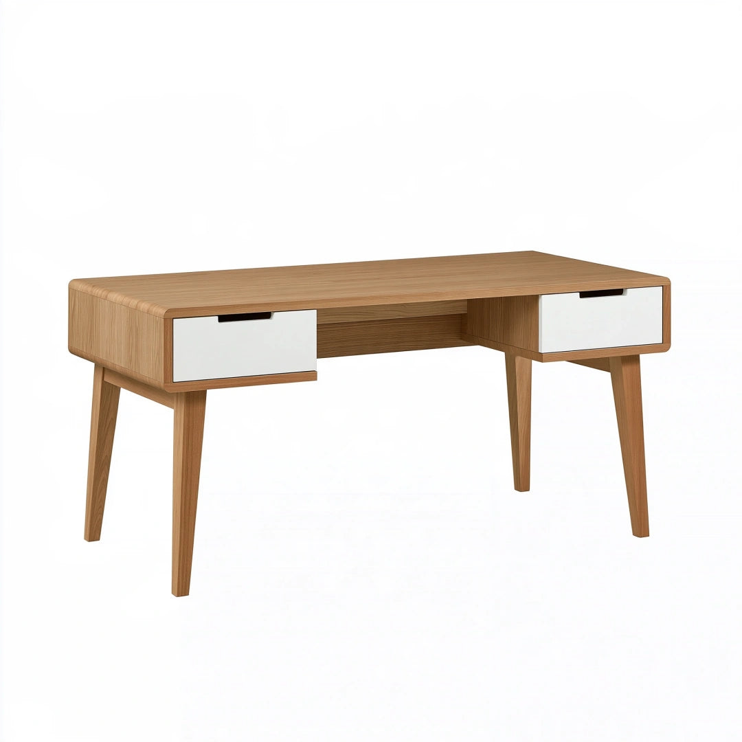Bureau 120 x 60 x 75 cm en panneaux de bois marron/blanc avec 2 tiroirs style scandinave