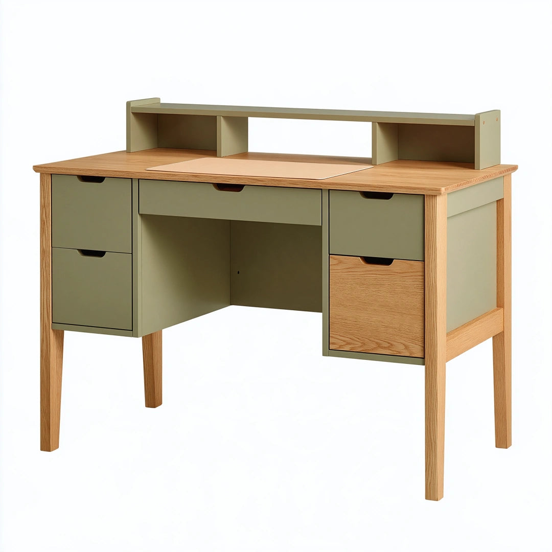 Bureau 120 x 60 x 100 cm en bois vert kaki avec 5 tiroirs et étagère de rangement