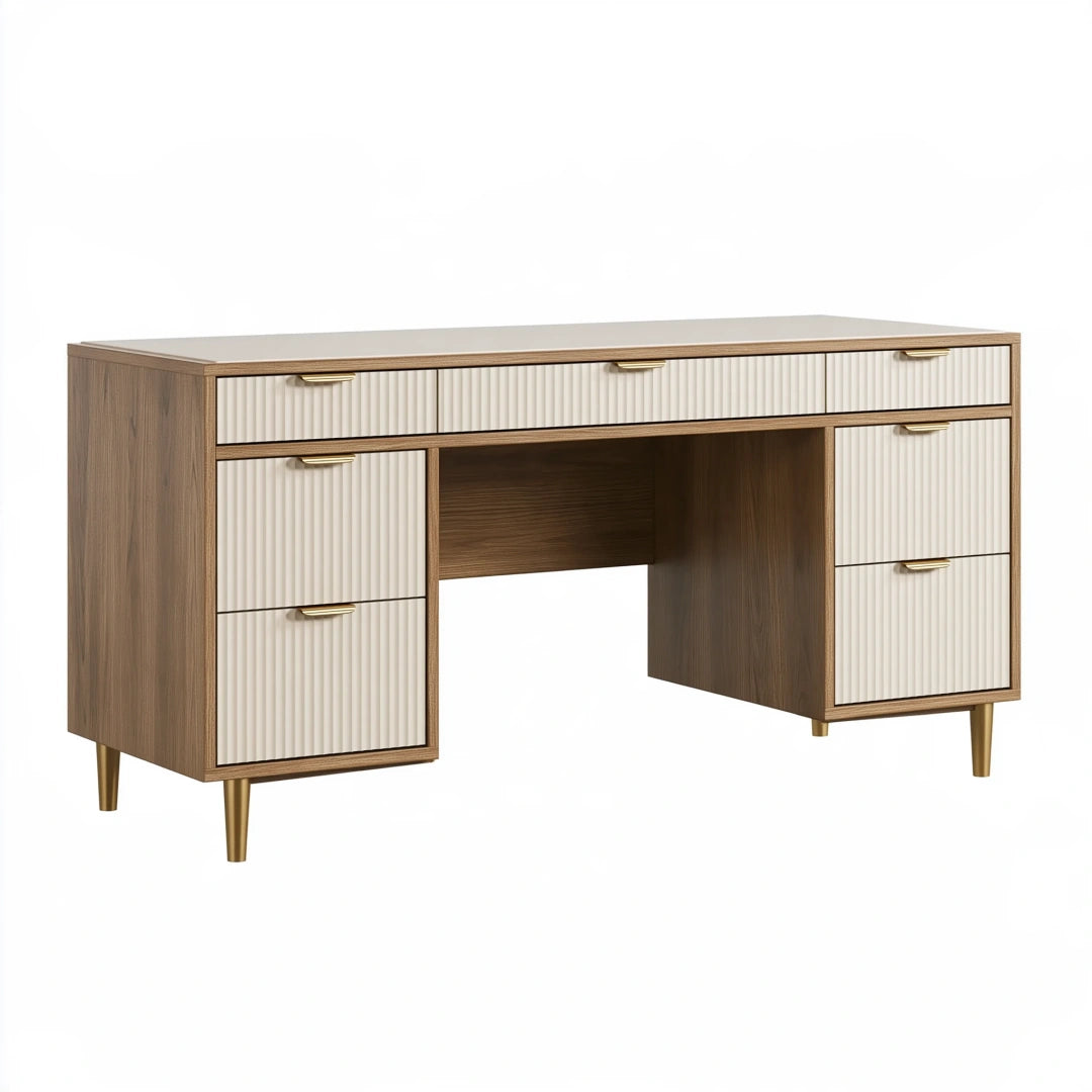 Bureau 140 x 60 x 75 cm en panneaux de bois brun blanc et doré avec 7 tiroirs style moderne