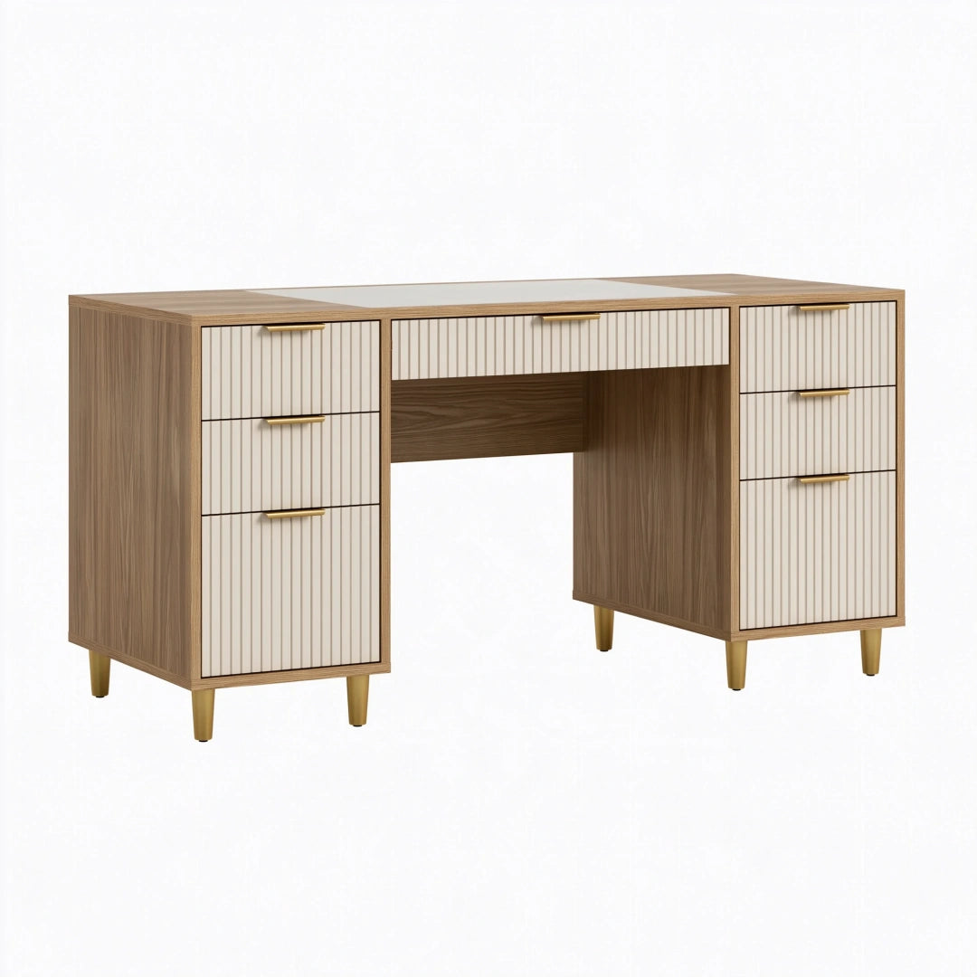 Bureau à tiroirs 140 x 60 x 75 cm en panneaux dérivés du bois marron et blanc style contemporain