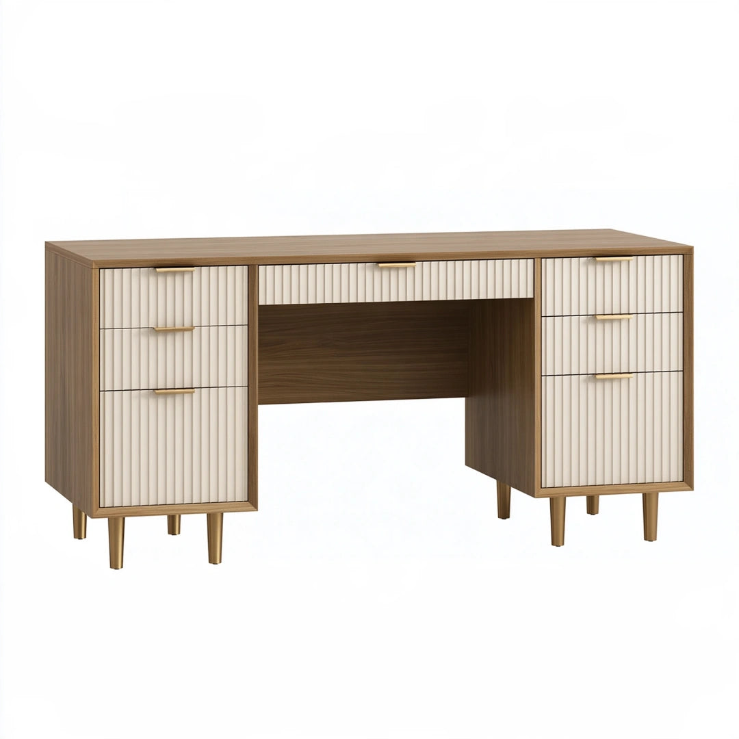 Bureau 140 x 60 x 76 cm en bois marron et beige avec 7 tiroirs style moderne