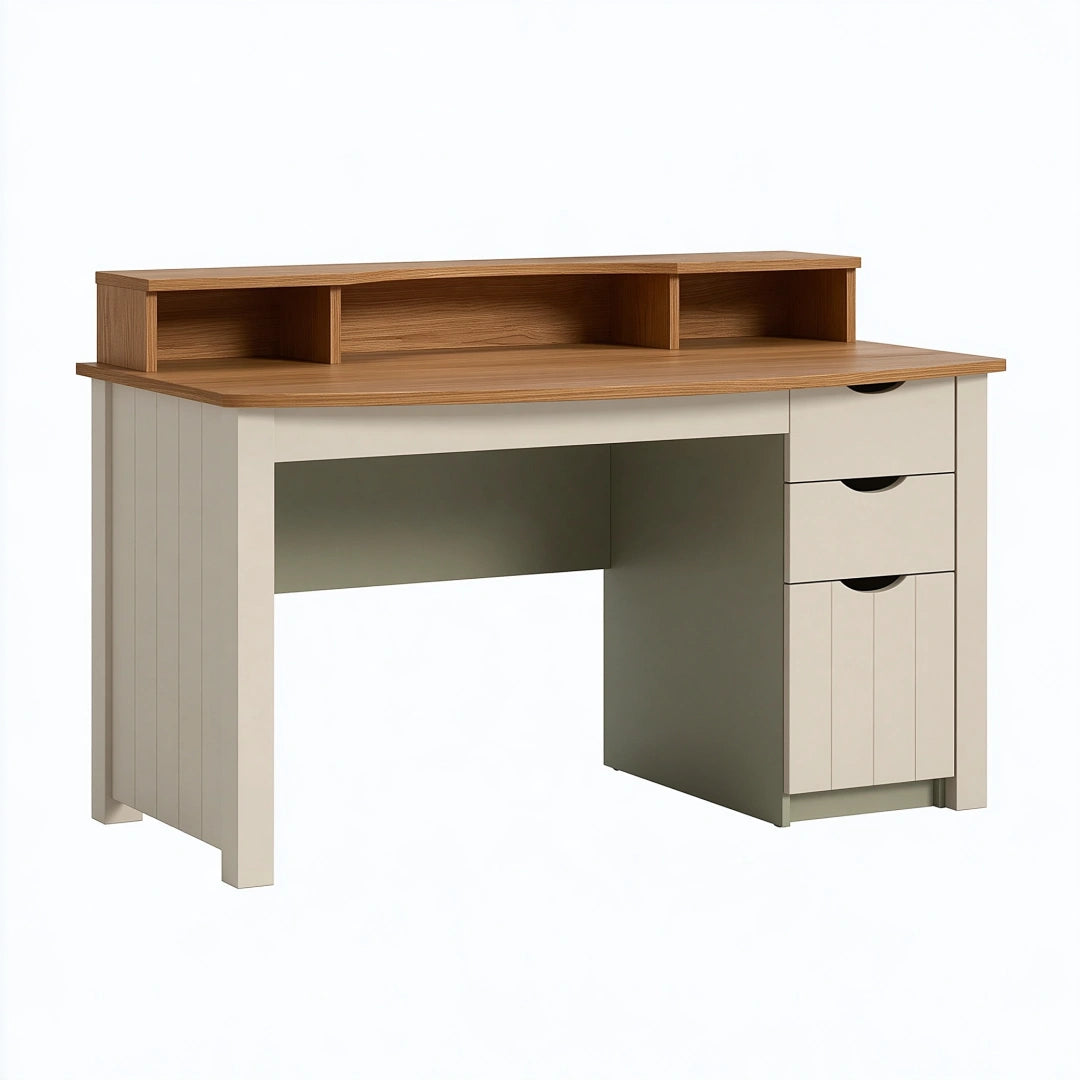 Bureau 120 x 60 x 90 cm en bois d'ingénierie beige et noyer avec tiroirs et rangement