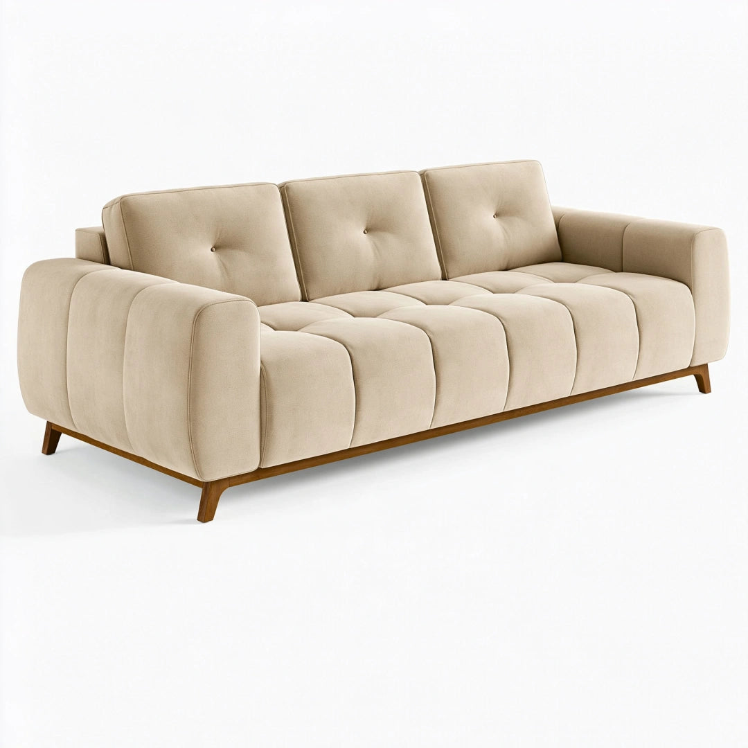 Canapé 3 places 220 x 95 x 85 cm en tissu beige avec pieds en bois style contemporain