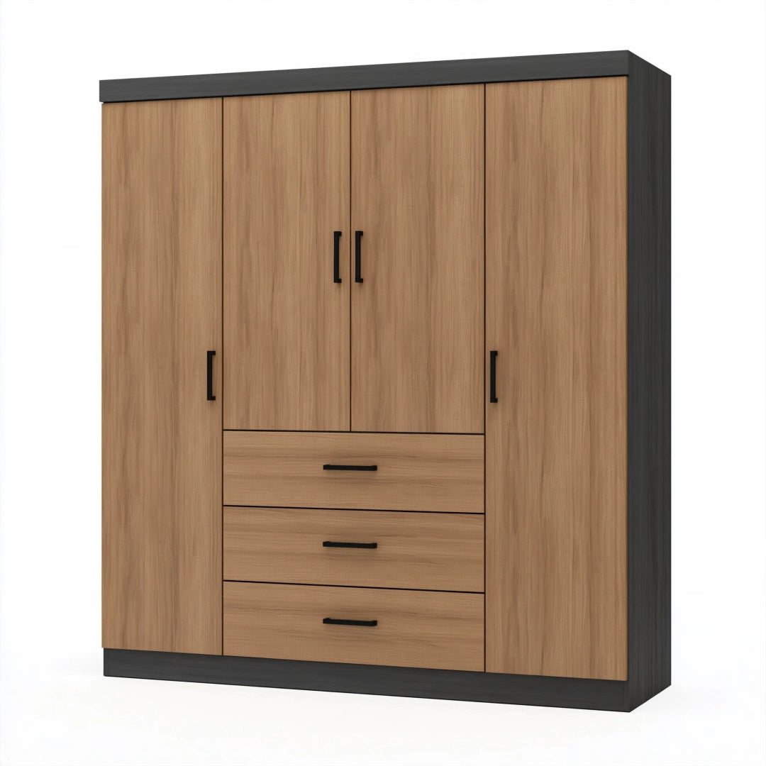 Armoire 180 x 52 x 200 cm en panneaux de bois brun et noir avec 4 portes et 3 tiroirs