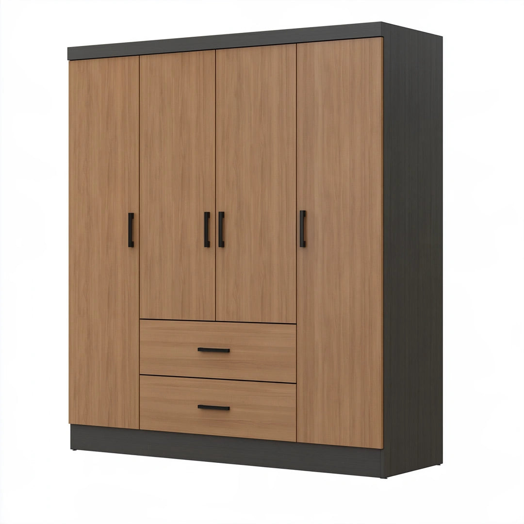 Armoire 160 x 52 x 200 cm en panneaux de bois brun et noir avec 4 portes et 2 tiroirs