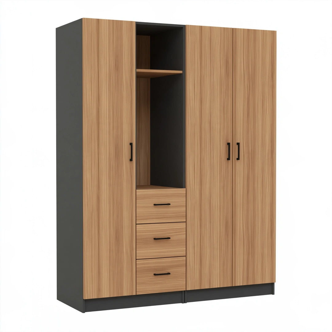 Armoire de rangement 120 x 50 x 200 cm effet bois brun et noir à 3 portes et 3 tiroirs