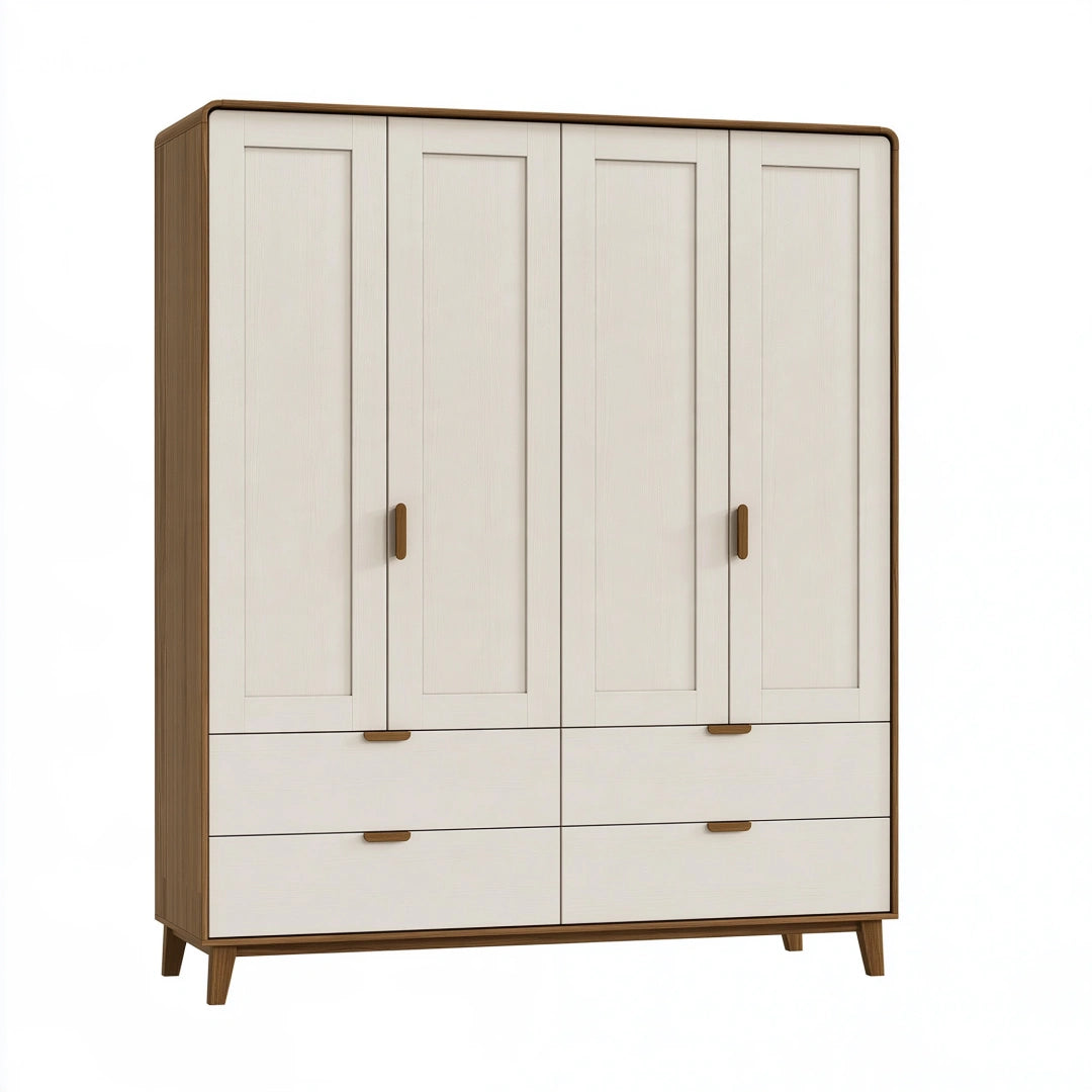 Armoire 160 x 50 x 200 cm en panneaux de bois blanc et brun à 4 portes et 4 tiroirs style contemporain