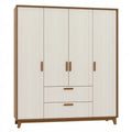 Armoire de rangement 160 x 55 x 200 cm en panneaux de bois blanc et bois naturel avec 4 portes et 2 tiroirs