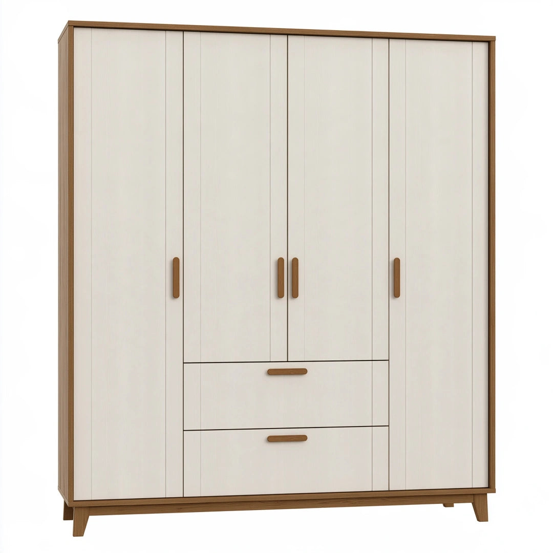 Armoire de rangement 160 x 55 x 200 cm en panneaux de bois blanc et bois naturel avec 4 portes et 2 tiroirs