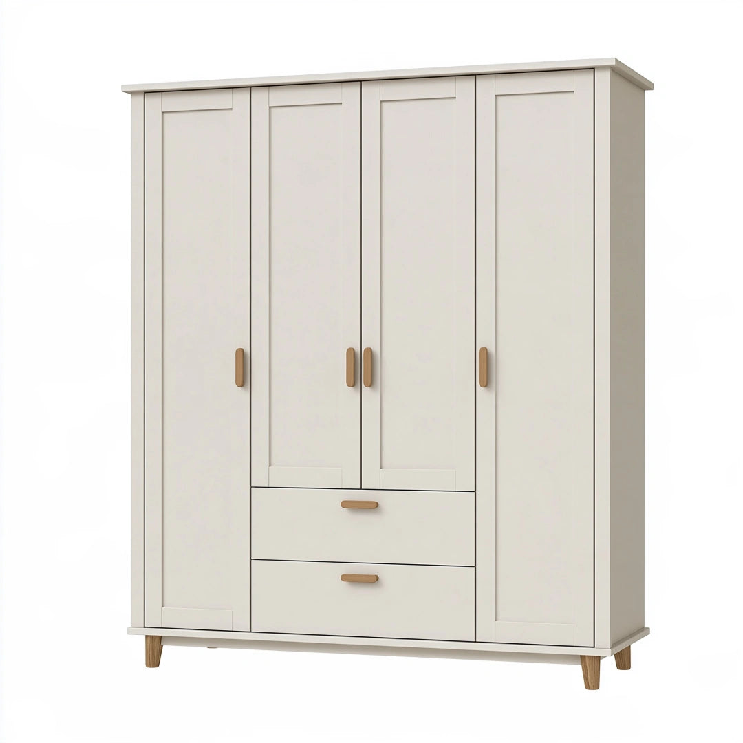 Armoire de rangement 160 x 50 x 190 cm en bois blanc style scandinave avec 4 portes et 2 tiroirs