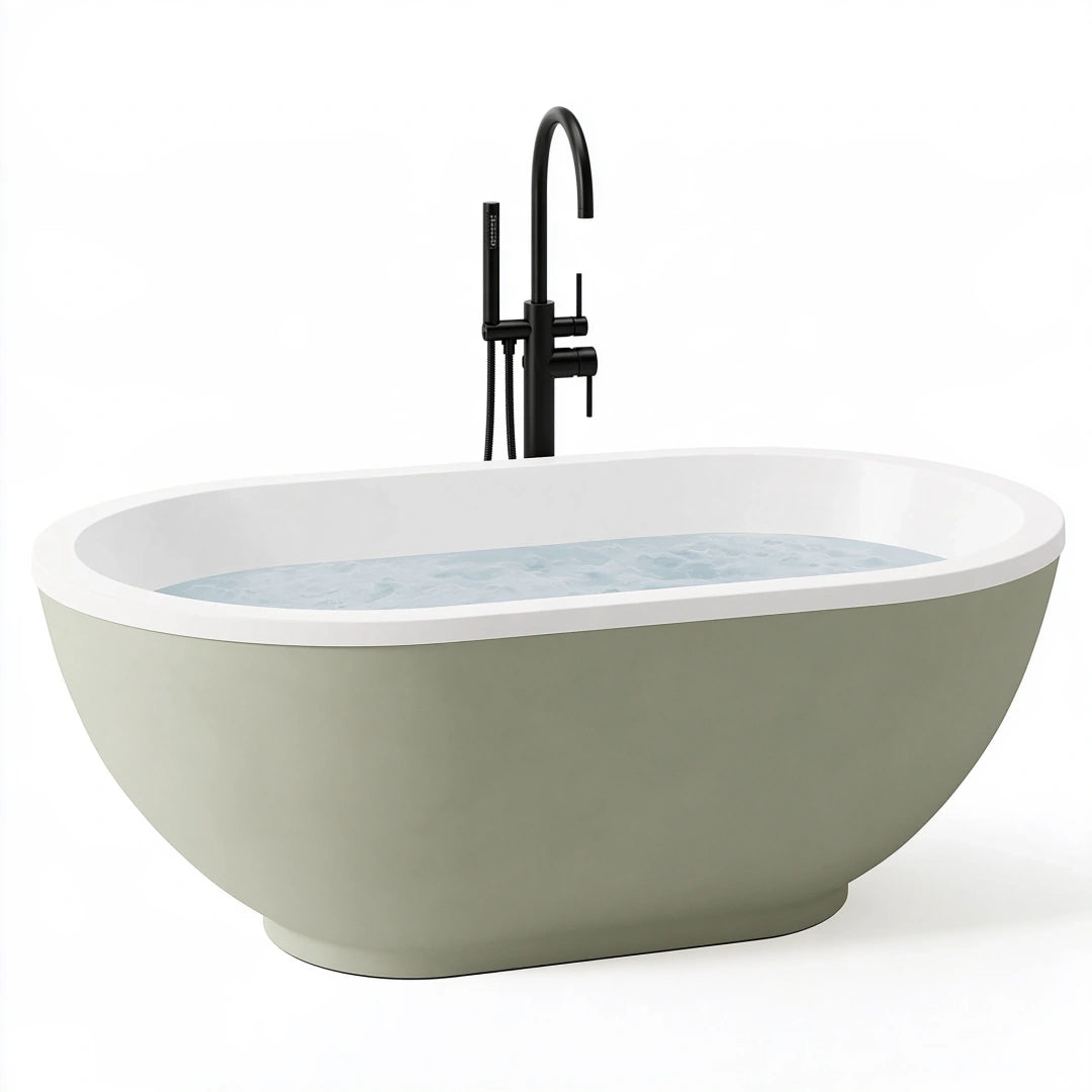 Baignoire îlot 170 x 80 cm en acrylique vert sauge et blanc - ovale contemporaine
