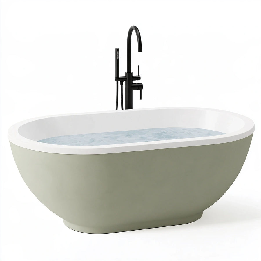 Baignoire îlot 170 x 80 cm en acrylique vert sauge et blanc - ovale contemporaine