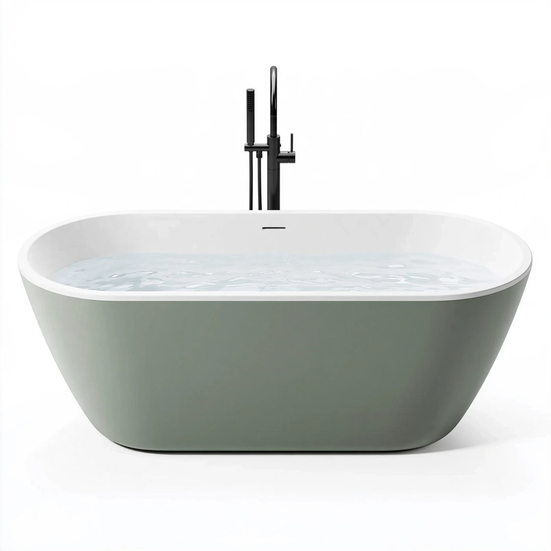 Baignoire îlot 170 cm en acrylique vert sauge et blanc avec robinetterie noire style contemporain